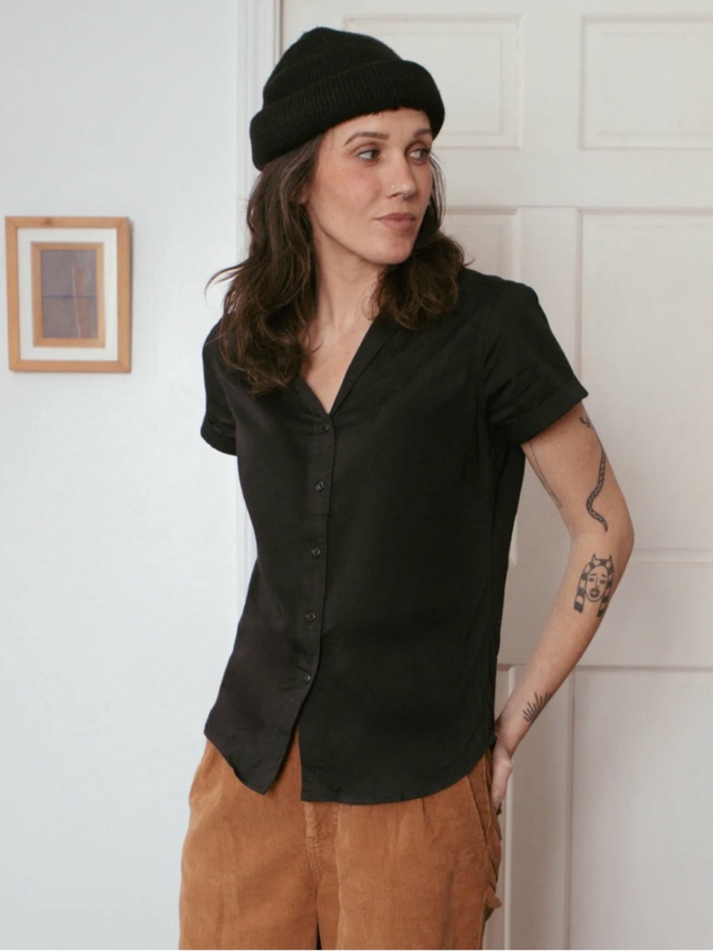 Bridge & Burn The Innes Shirt Black Large Tencel Sustainable Lapel Collar Chic